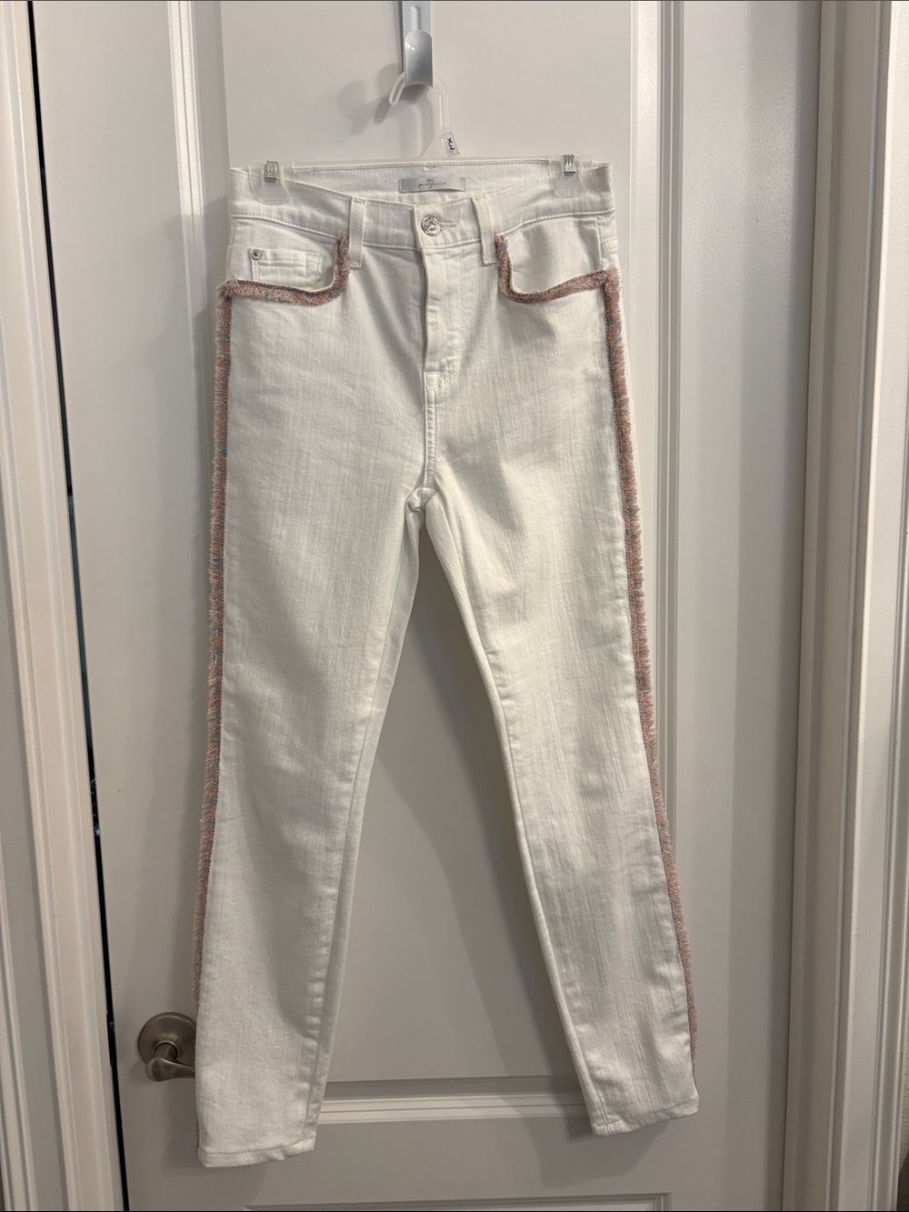 7 For All Mankind White Skinny Jeans with Pink Trim